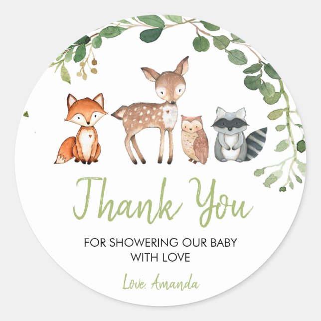 Woodland Forest Baby Shower Thank You Classic Round Sticker (Front)
