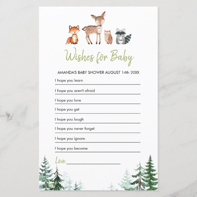 Woodland Forest Baby Shower Wishes for Baby Game (Front)