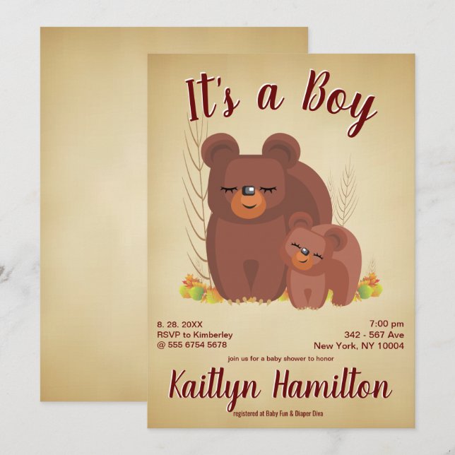 Woodland Forest Bear Cub Boy Mother Baby Shower Invitation (Front/Back)
