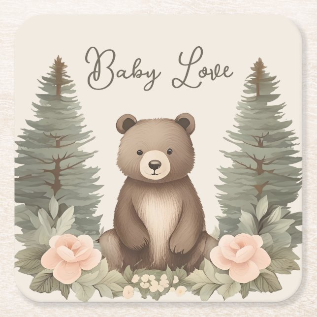 Woodland Forest Bear Square Paper Coaster (Front)