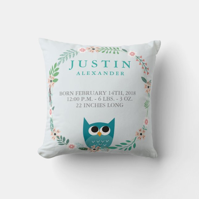 Woodland Forest Birth Stats Owl Nursery Pillow (Front)