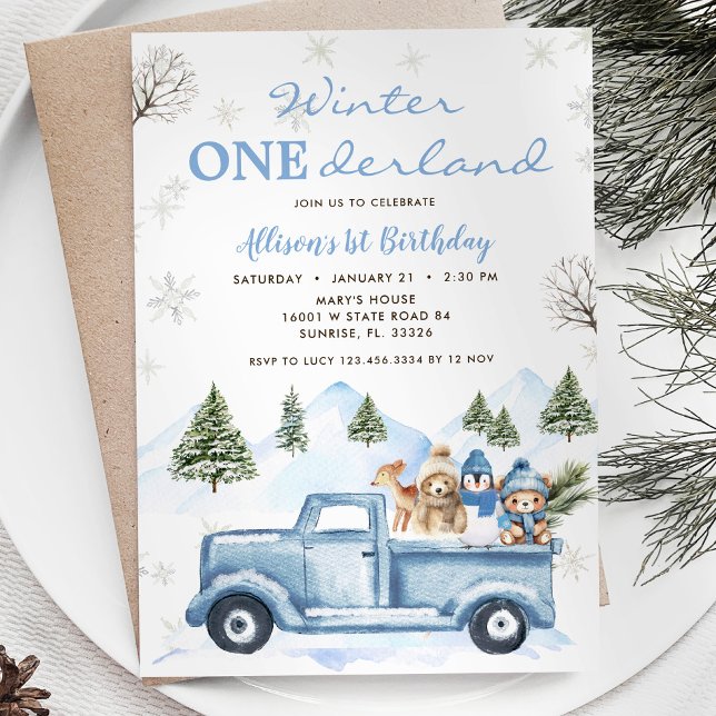 Woodland Forest Blue Truck ONEderland 1st Birthday Invitation (Creator Uploaded)