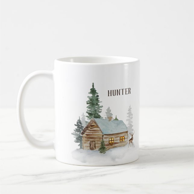Woodland Forest Cabin with Deer Personalised Coffee Mug (Left)