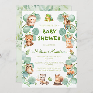 Woodland Forest Creatures Baby Boy Shower Invitation