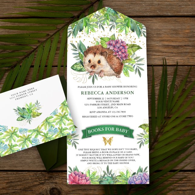 Woodland Forest Cute Floral Hedgehog Baby Shower All In One Invitation (Creator Uploaded)
