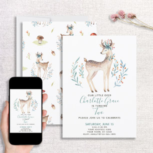 Woodland Forest Deer Baby's Second 2nd Birthday Invitation