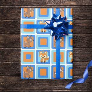 Woodland Forest Fox & Deer Blue Wrapping Paper