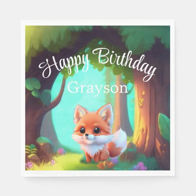 Woodland forest friends cute baby fox birthday napkin (Front)