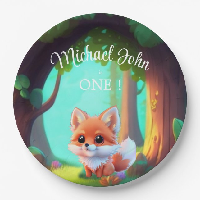 Woodland forest friends cute baby fox birthday paper plate (Front)