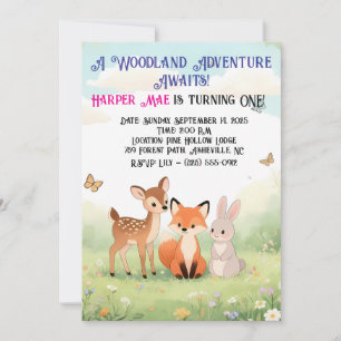 Woodland Forest Friends First Birthday Invitation
