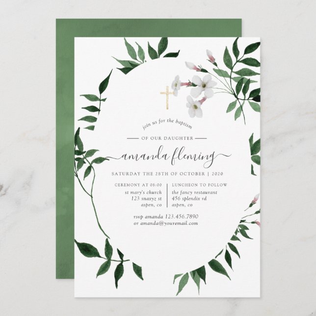 Woodland Forest Greenery Baptism or Christening Invitation (Front/Back)