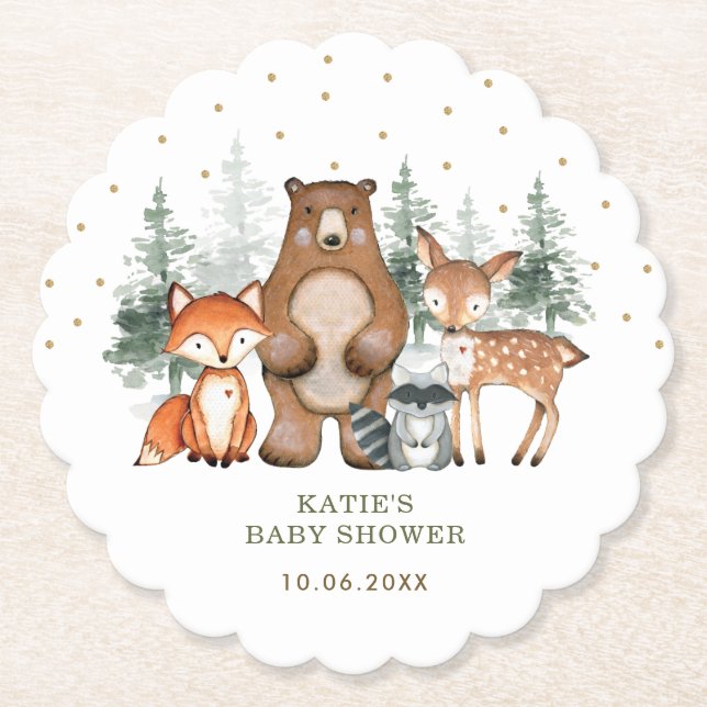 Woodland Forest Greenery Cake Topper Shower Favour Paper Coaster (Front)