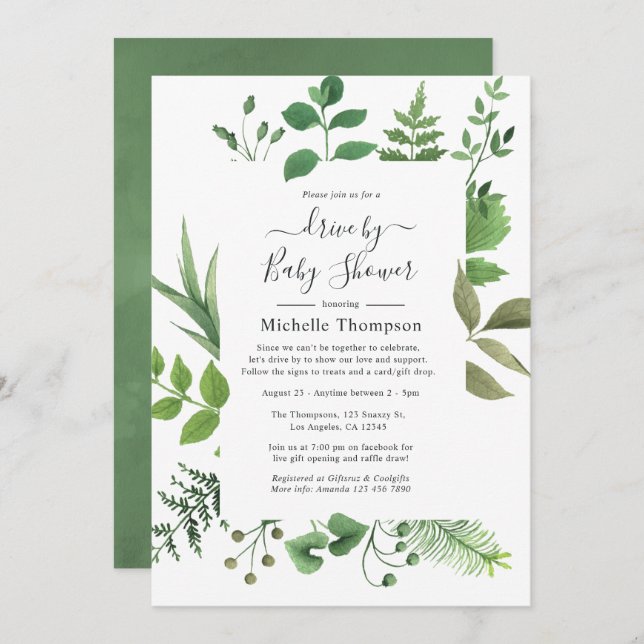 Woodland Forest Greenery Drive By Shower Invitation (Front/Back)
