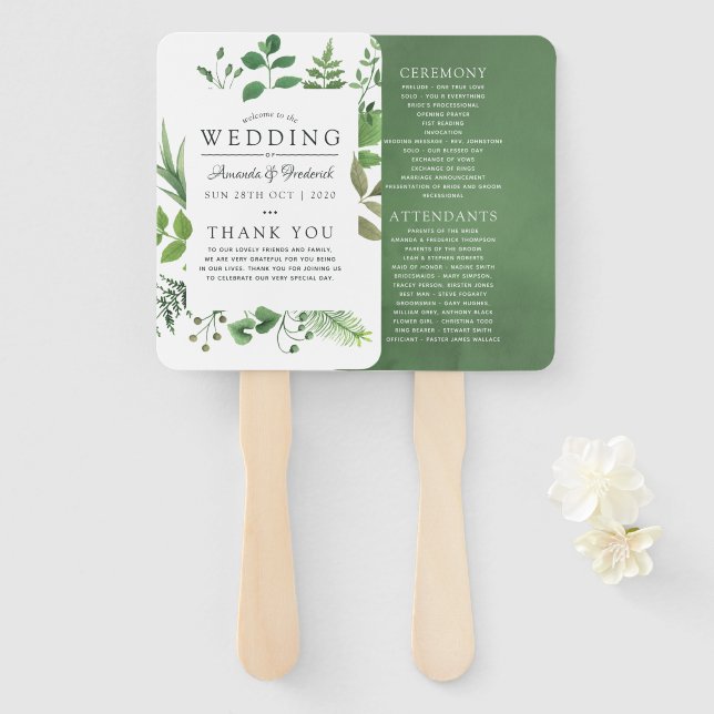 Woodland Forest Greenery Wedding Program Hand Fan (Front and Back)