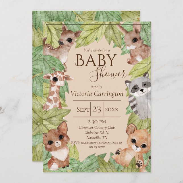 Woodland Forest Jungle Animals Greenery Baby  Invitation (Front/Back)