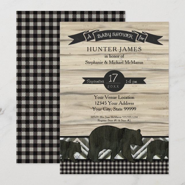 Woodland Forest Lumberjack Bears Wood Baby Shower Invitation (Front/Back)