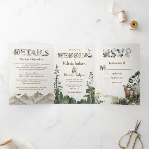 Woodland Forest Mountain Watercolor Wedding Tri-Fold Invitation