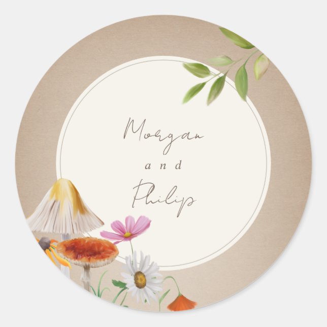 Woodland Forest Mushroom Floral Wedding Cardstock Classic Round Sticker (Front)