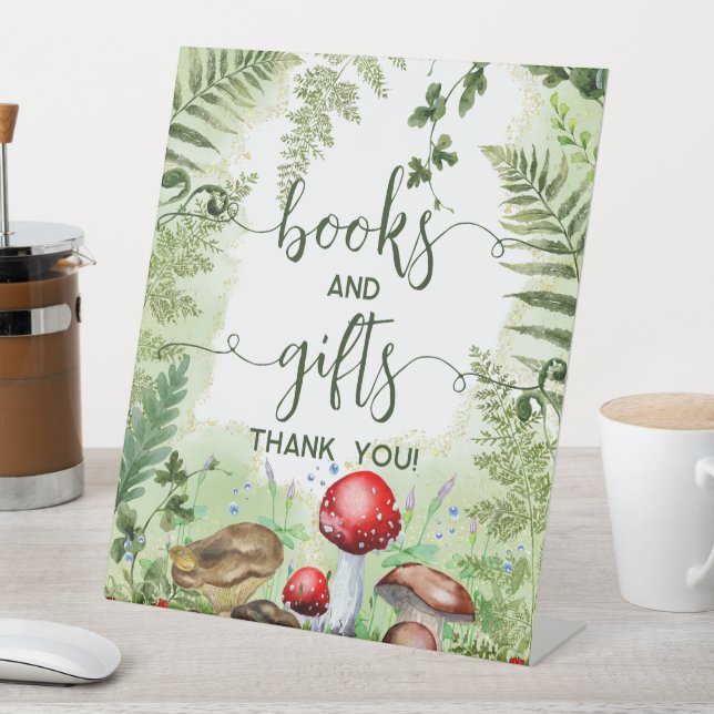 Woodland Forest Mushrooms Ferns Script Books Gifts Pedestal Sign (In SItu)