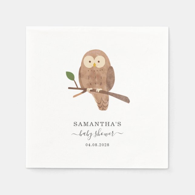 Woodland Forest Owl Watercolor Baby Shower Paper Napkin (Front)
