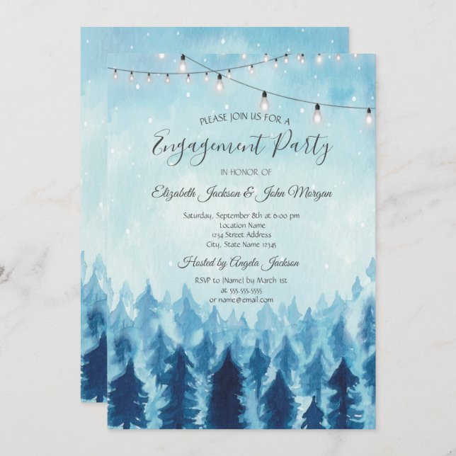 Woodland,Forest,Pine Trees Blue Engagement  Invitation (Front/Back)