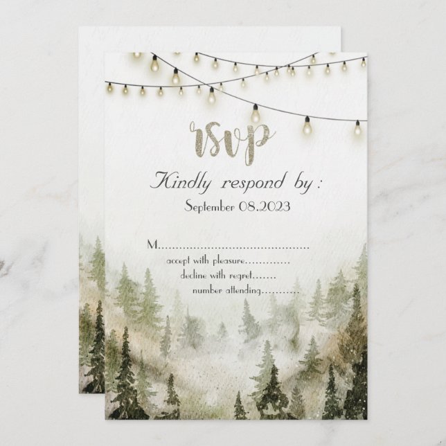 Woodland,Forest,Pine Trees,String Lights RSVP  Invitation (Front/Back)