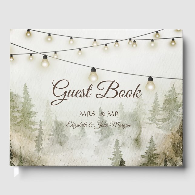 Woodland,Forest,Pine Trees,String Lights Wedding Guest Book (Front)