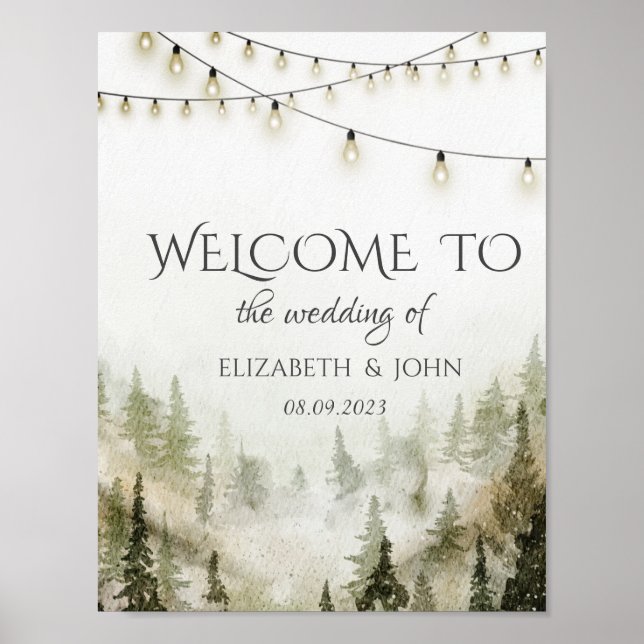 Woodland,Forest,Pine Trees,String Lights Wedding Poster (Front)