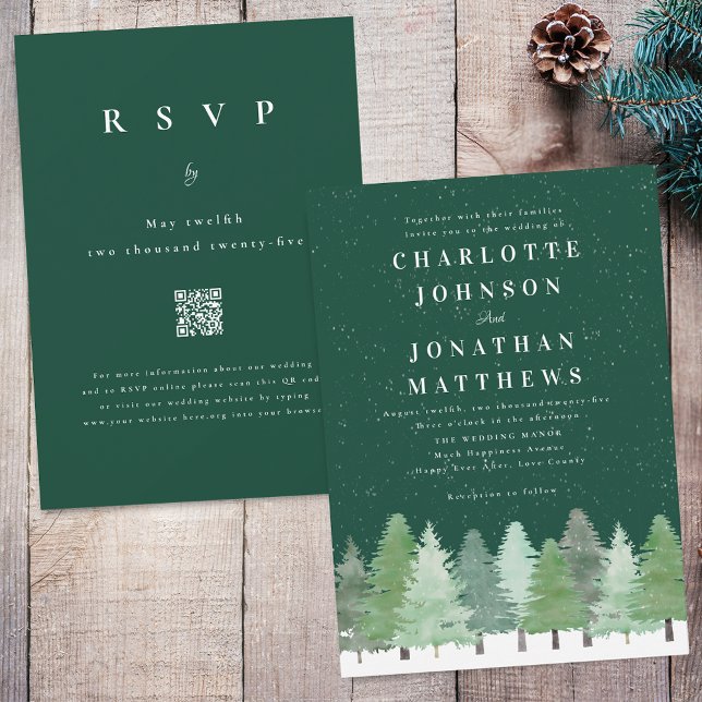 Woodland Forest QR Code Green Winter Wedding Invitation (Modern elegant watercolor Woodland forest green winter wedding qr code invitation)