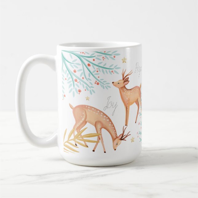 Woodland Forest Reindeer & Christmas Tree Scene Coffee Mug (Left)