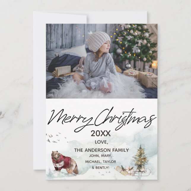 Woodland Forest Sled Bear Photo Merry Christmas Holiday Card (Front)