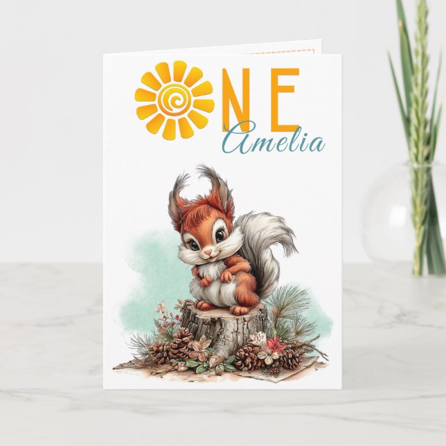 Woodland Forest Squirrel First Birthday Card (Front)