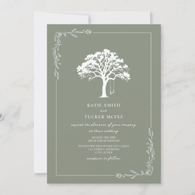 Woodland Forest Tree Swing Sage Green Wedding  Invitation (Front)