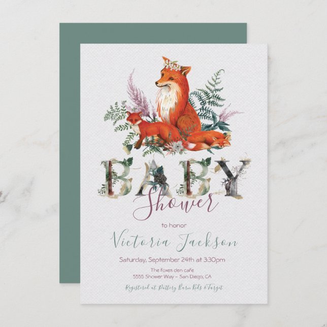 Woodland Forest twin fox Baby Shower Invitation (Front/Back)