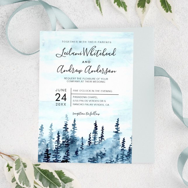Woodland Forest Watercolor Blue Wedding Invitation (Creator Uploaded)