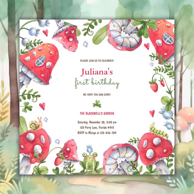 Woodland Forest Watercolor Mushroom Birthday Party Invitation (Creator Uploaded)