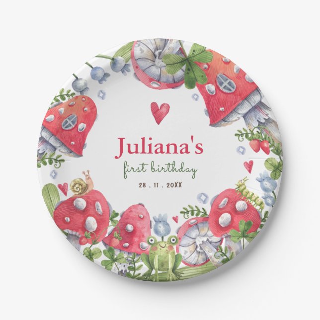 Woodland Forest Watercolor Mushroom Kids Birthday Paper Plate (Front)