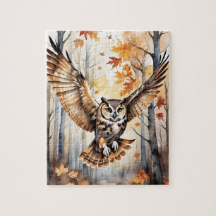 Woodland Forest Watercolor Owl Fall Animal Jigsaw Puzzle
