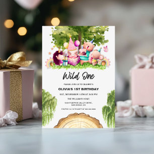 Woodland Forest Wild One Girl 1st Birthday Party Invitation