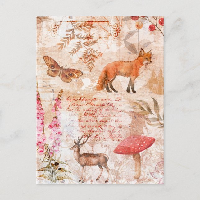 Woodland Forest Wildlife Fox Deer Butterfly Autumn Postcard (Front)