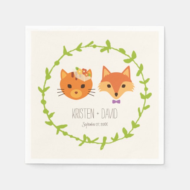 Woodland Fox and Cat Rustic Wedding Napkin (Front)