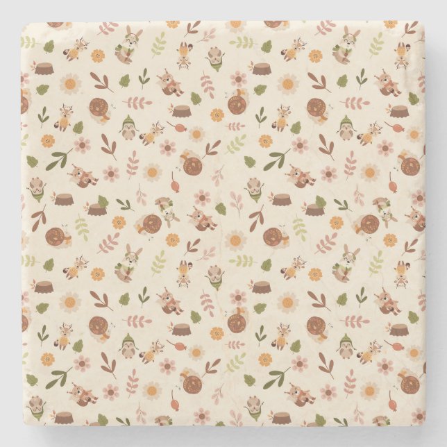 Woodland Fox Autumn Theme Neutral Stone Coaster (Front)