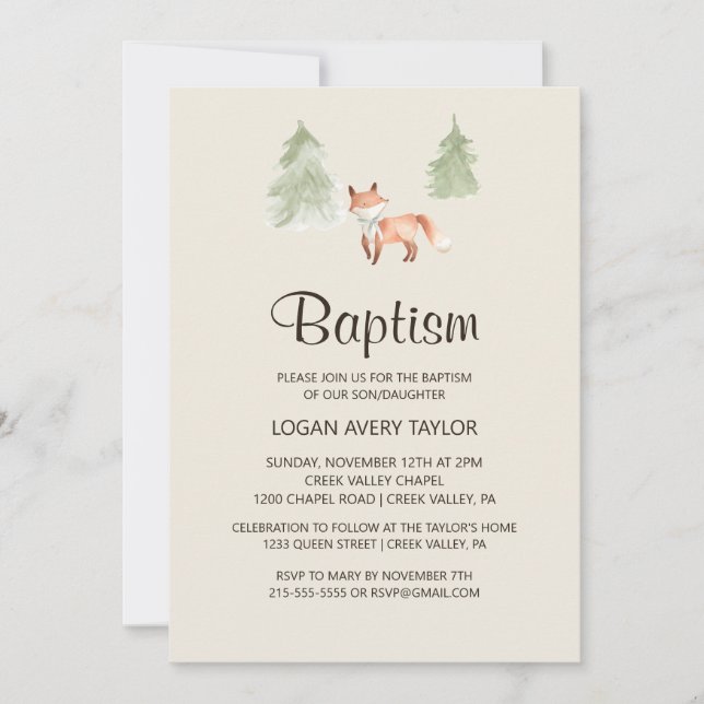 Woodland Fox Baby Baptism Invitation (Front)