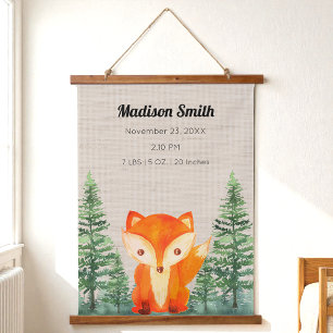 Woodland Fox Baby Birth Stats Nursery Hanging Tapestry