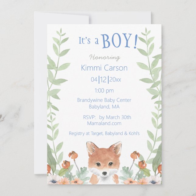 Woodland Fox Baby Boy Script Floral Baby Shower Invitation (Front)