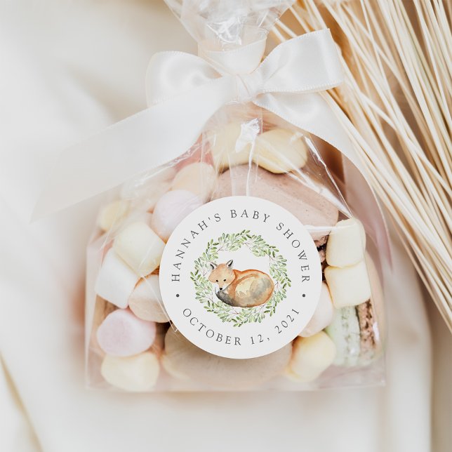 Woodland Fox Baby Shower Favour Classic Round Sticker (Creator Uploaded)
