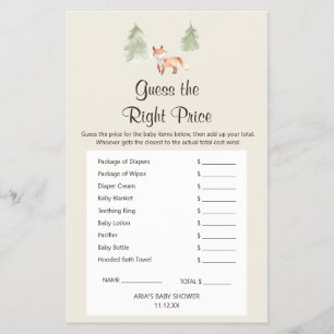 Woodland Fox Baby Shower GuessThe Right Price Game Flyer