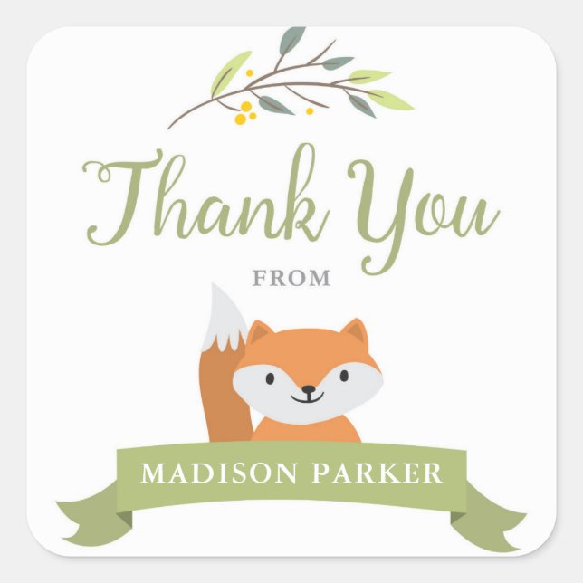 Woodland Fox Baby Shower Thank You Stickers (Front)