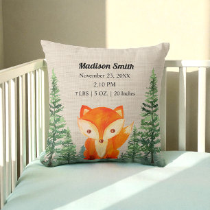 Woodland Fox Birth Stats Brown Nursery Cushion