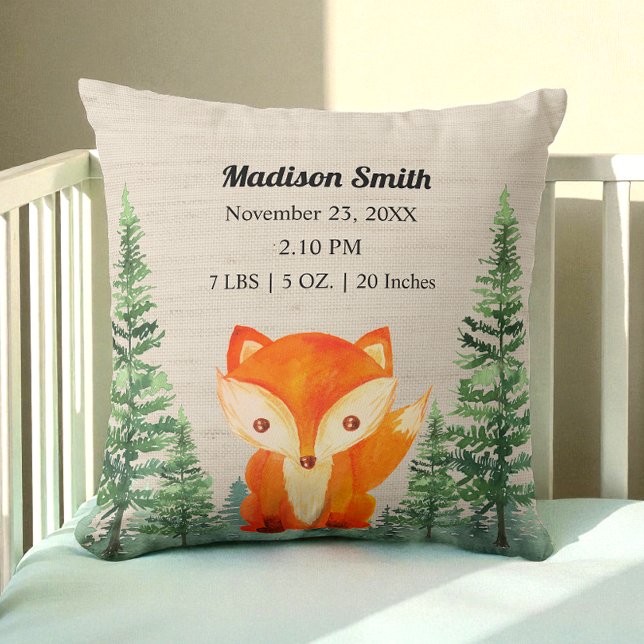 Woodland Fox Birth Stats Brown Nursery Cushion (Creator Uploaded)